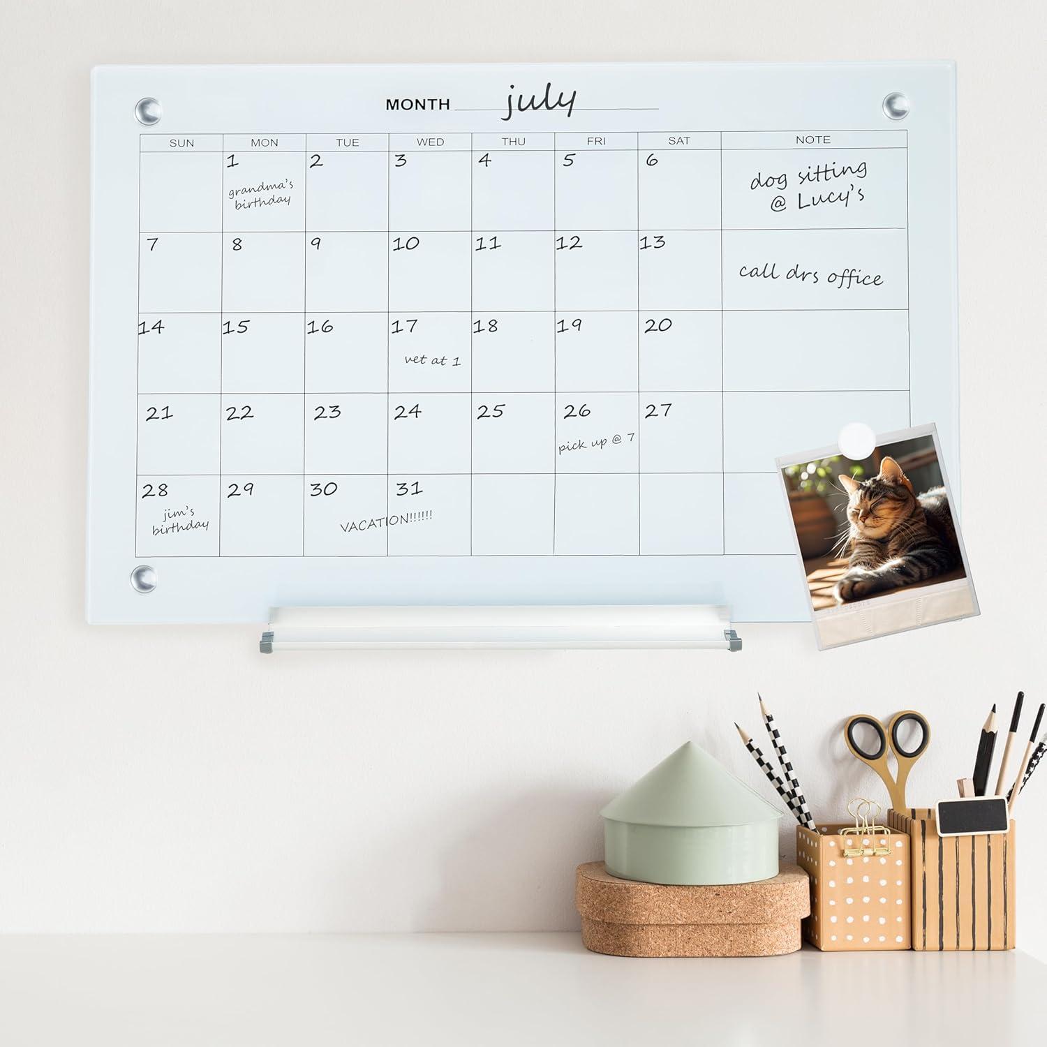imageSunnydaze Glass Calendar Dry Erase Board for Wall with Markers Glass Magnetic Whiteboard for Home or Office 23quot W x 17quot H WhiteWhite