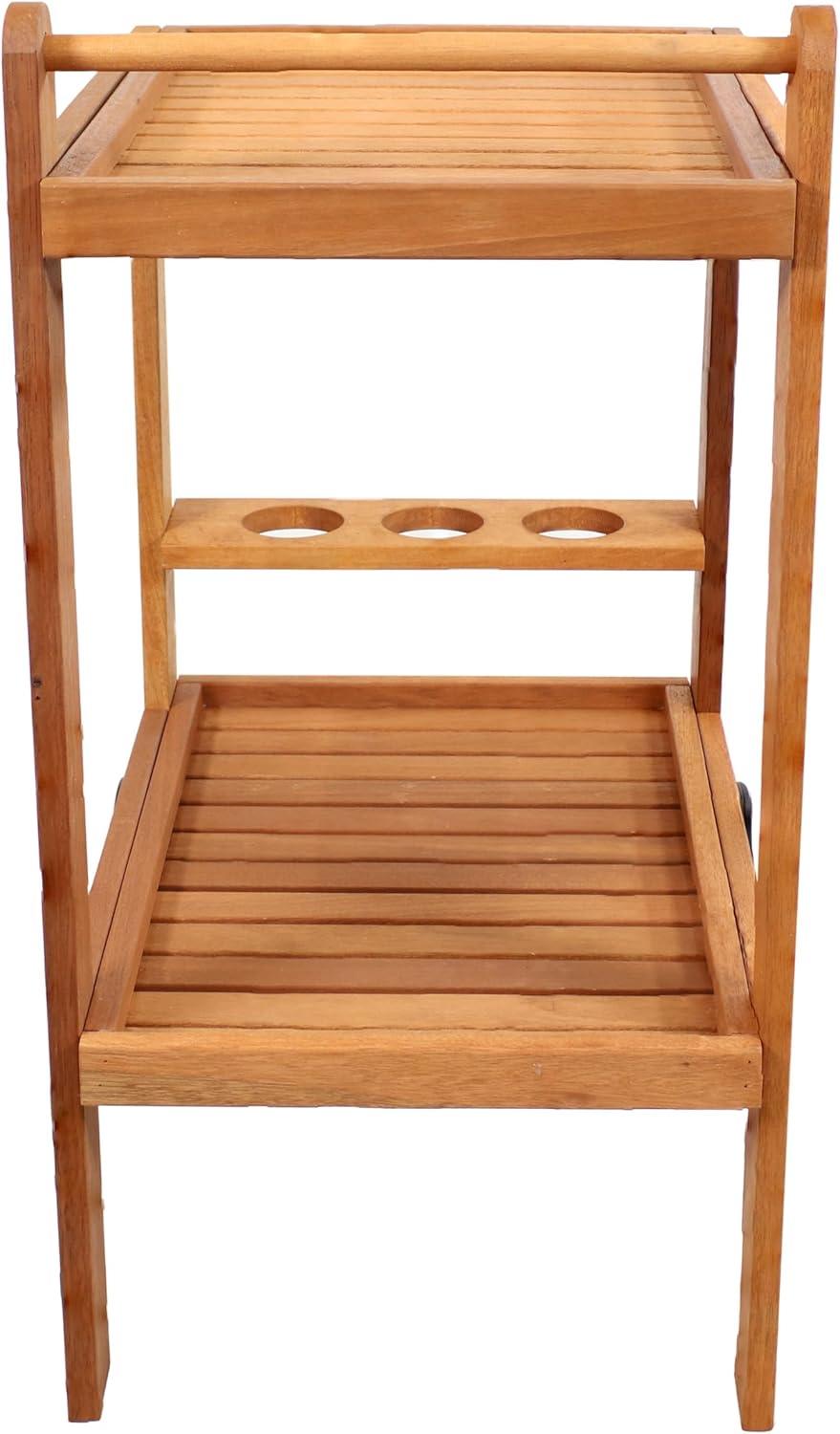 imageSunnydaze Outdoor Wood Bar Cart with Wheels Malaysian Hardwood with Teak Oil Finish 275quot Wide x 355quot High