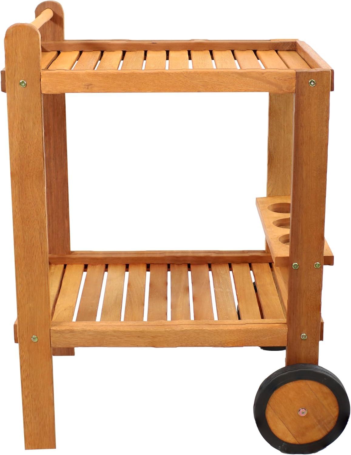 imageSunnydaze Outdoor Wood Bar Cart with Wheels Malaysian Hardwood with Teak Oil Finish 275quot Wide x 355quot High