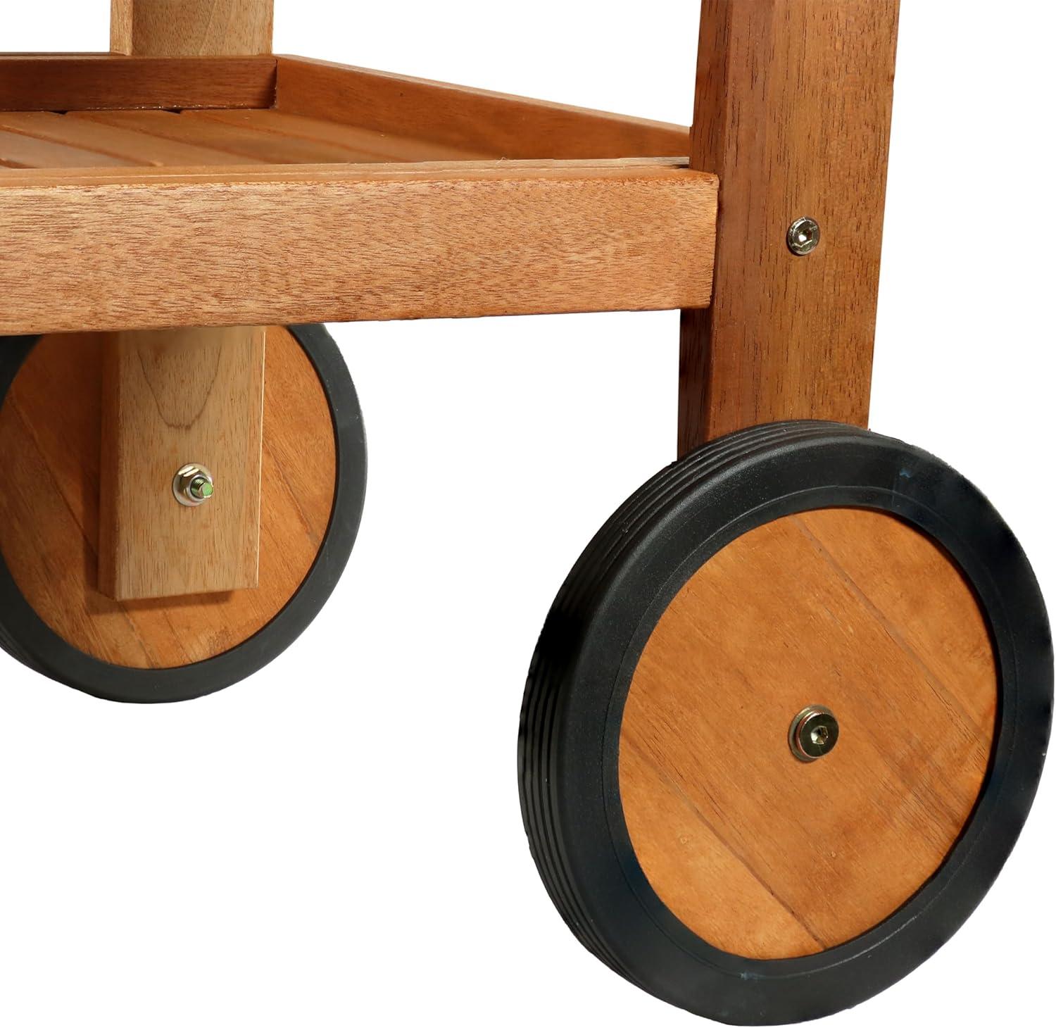 imageSunnydaze Outdoor Wood Bar Cart with Wheels Malaysian Hardwood with Teak Oil Finish 275quot Wide x 355quot High