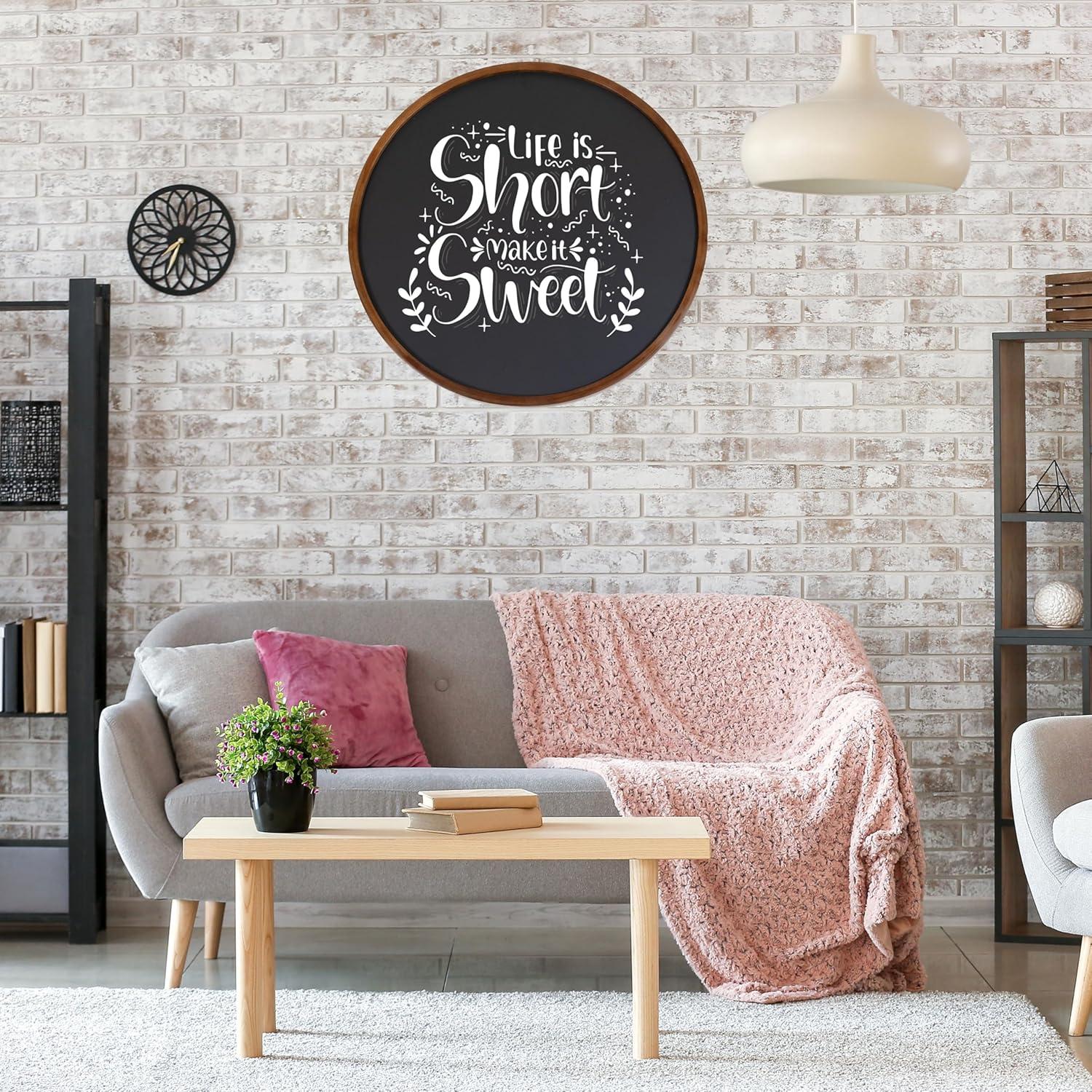 imageSunnydaze Round Magnetic Chalkboard for Wall with Pine Frame Includes Chalk and Eraser Rustic Brown