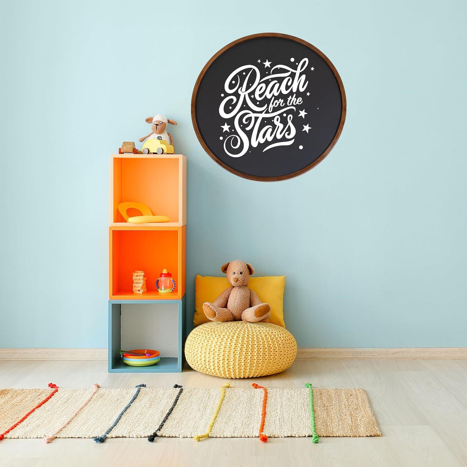 imageSunnydaze Round Magnetic Chalkboard for Wall with Pine Frame Includes Chalk and Eraser Rustic Brown
