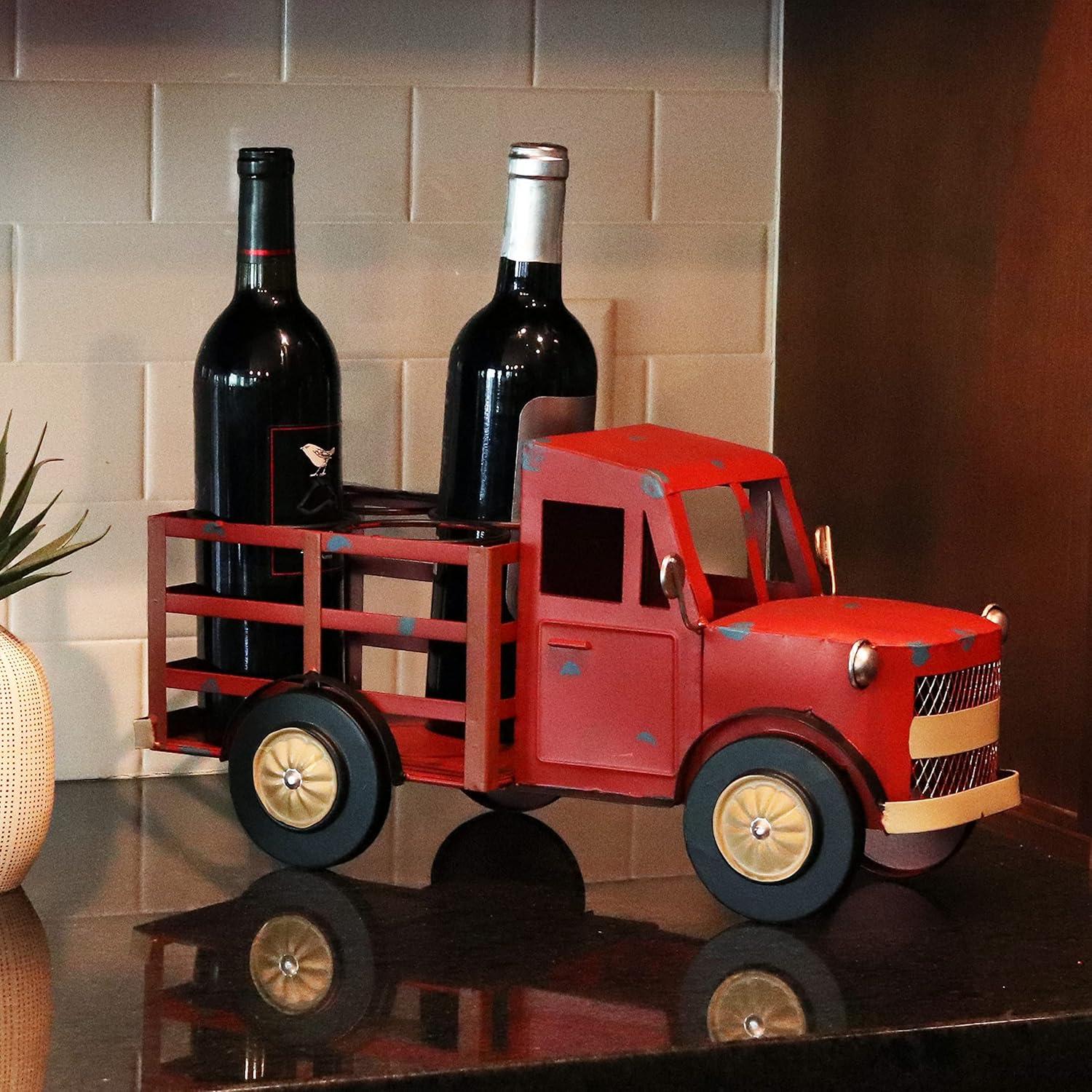 imageSunnydaze Rustic Red Truck Sheet Iron Countertop Wine Rack Holder Stores 4 Wine or Liquor Bottles