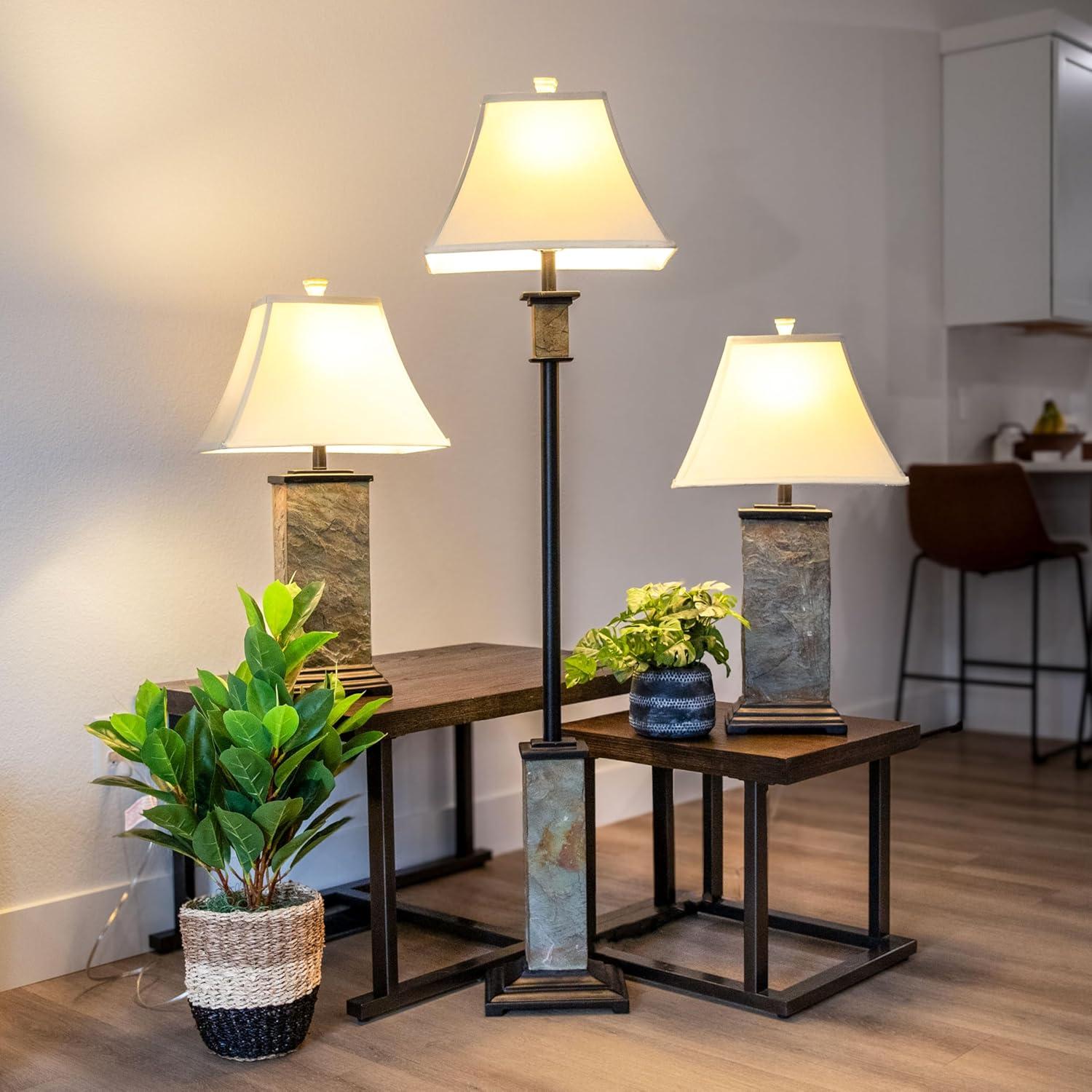 imageSunnydaze Timeless Abode Slate 3Piece Floor and Table Lamp Set Matching Indoor Stone Lamp Set of 3 Plugin Electric Bulb Included