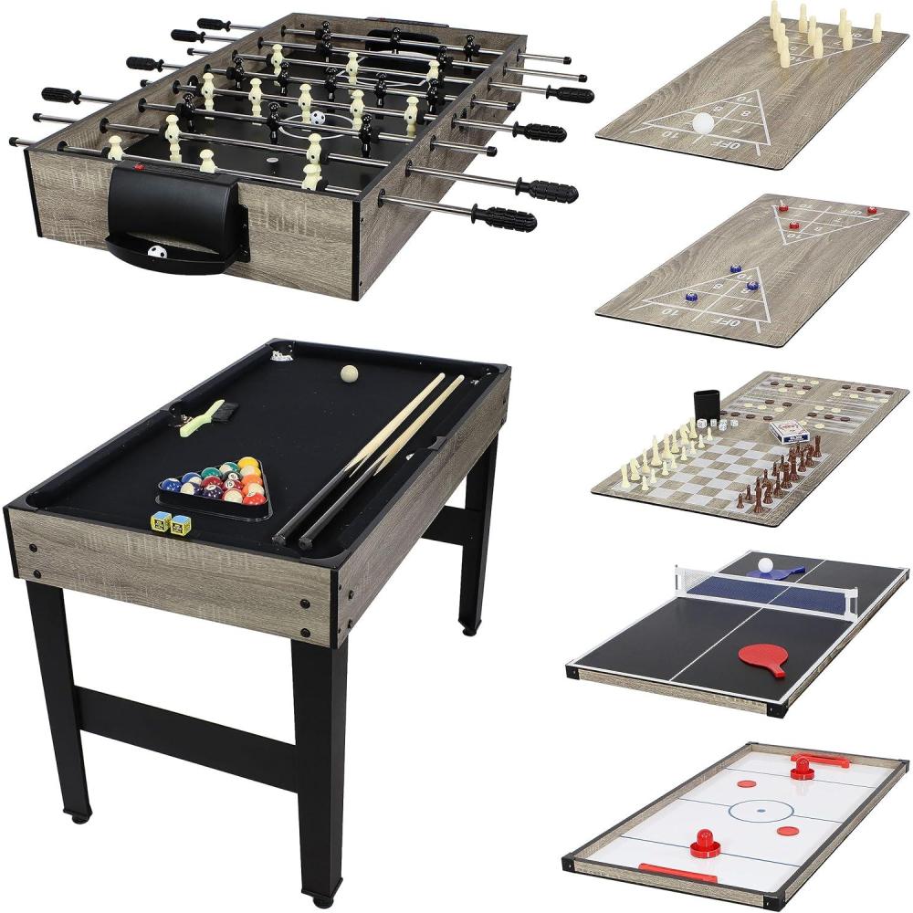 imageSunnydaze 10in1 Game Table Combination MultiGame Table with Billiards Push Hockey Foosball Ping Pong Chess Checkers Backgammon Bowling Shuffleboard Card GamesClassic Wood Stain