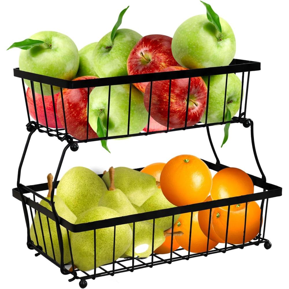 imageSunnydaze 2Tier Fruit Basket for Kitchen Counter Metal Wire Rustic Storage Basket for the Countertop Black 1525quot W