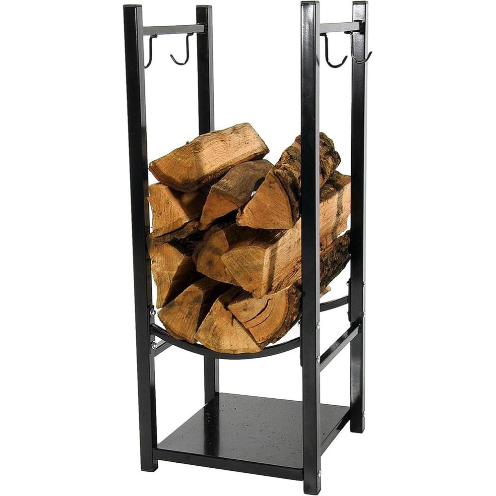 imageSunnydaze 32quot Indoor Firewood Rack with Hooks for Tools Outdoor Fireplace Log Holder for Wood Storage 200lb Capacity BlackBlack