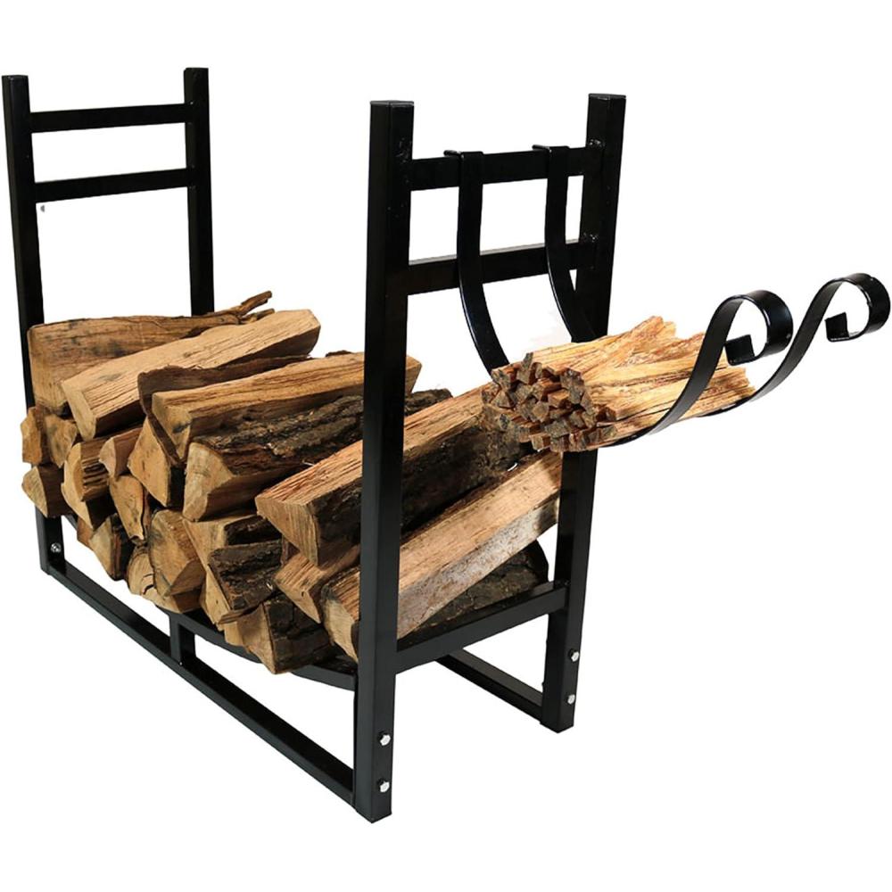 imageSunnydaze 33quot Indoor Firewood Rack with Kindling Log Holder  HeavyDuty Outdoor Wood Storage for the Fire Pit or Fireplace  BronzeBlack