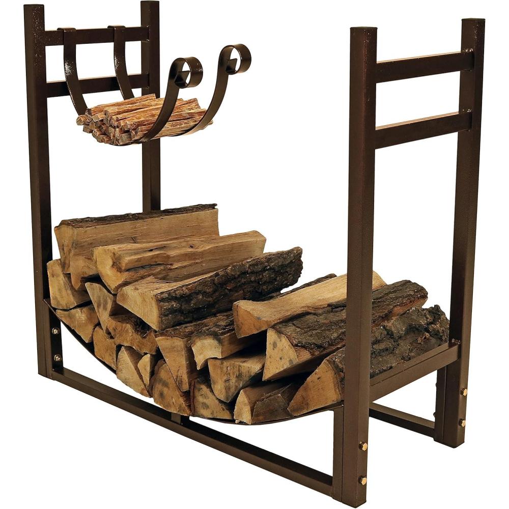 imageSunnydaze 33quot Indoor Firewood Rack with Kindling Log Holder  HeavyDuty Outdoor Wood Storage for the Fire Pit or Fireplace  BronzeBronze