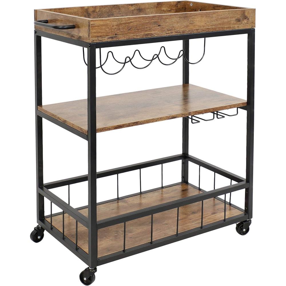 imageSunnydaze 35Inch 3Tier Industrial Rolling Bar Cart for The Home Wine and Glass Rack