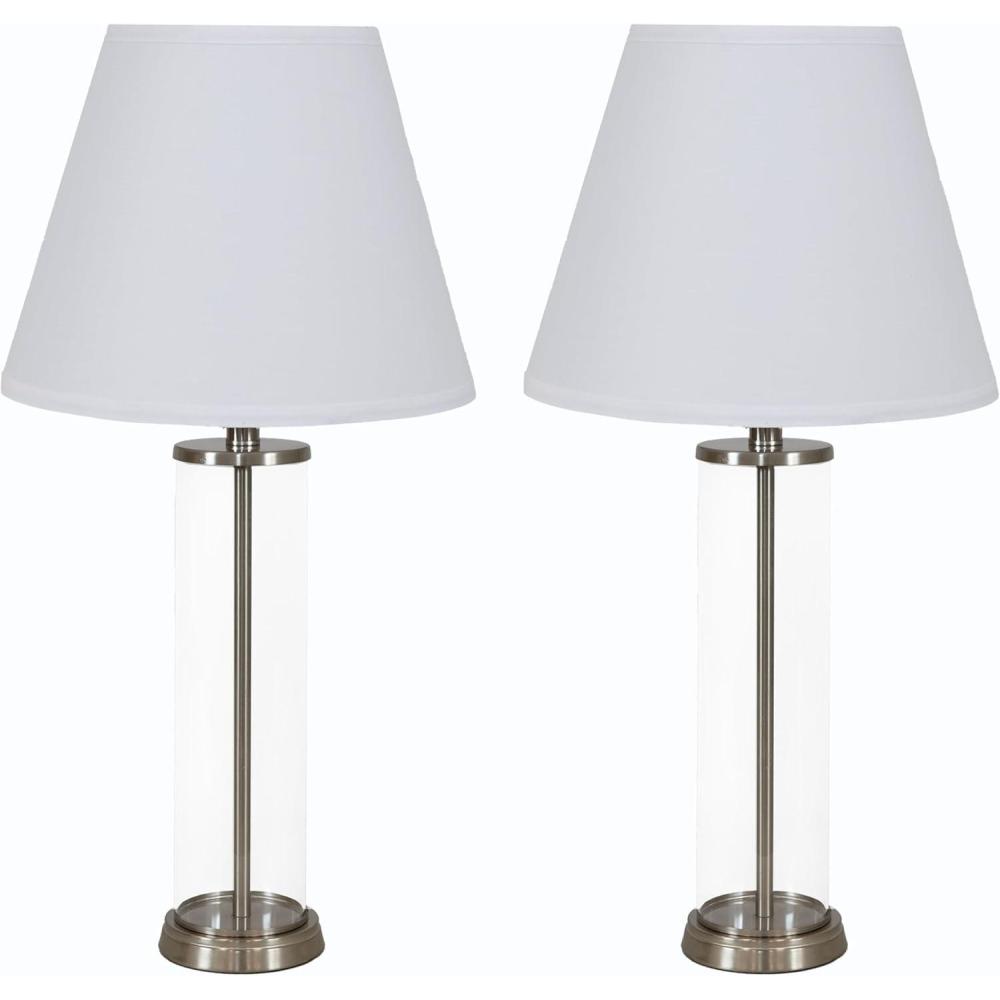 imageSunnydaze Cylinder Glass Table Lamp Set of 2 with Shade 2775quot H Indoor Modern Accent Lamps with Clear Base Plugin Electric