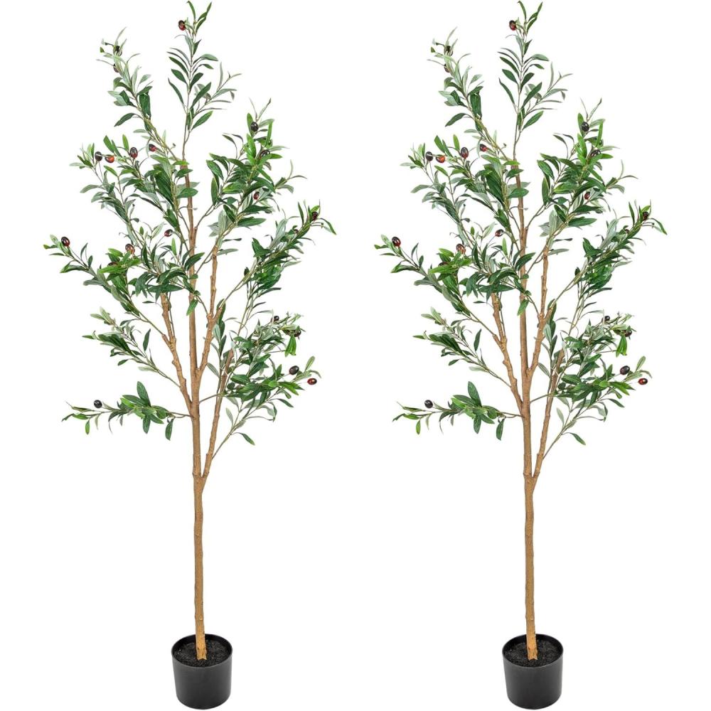 imageSunnydaze Fake Olive Tree 6ft Tall Faux Olive Tree with Pot Indoor Artificial Plant with Black Weighted Base and Silk Leaves2