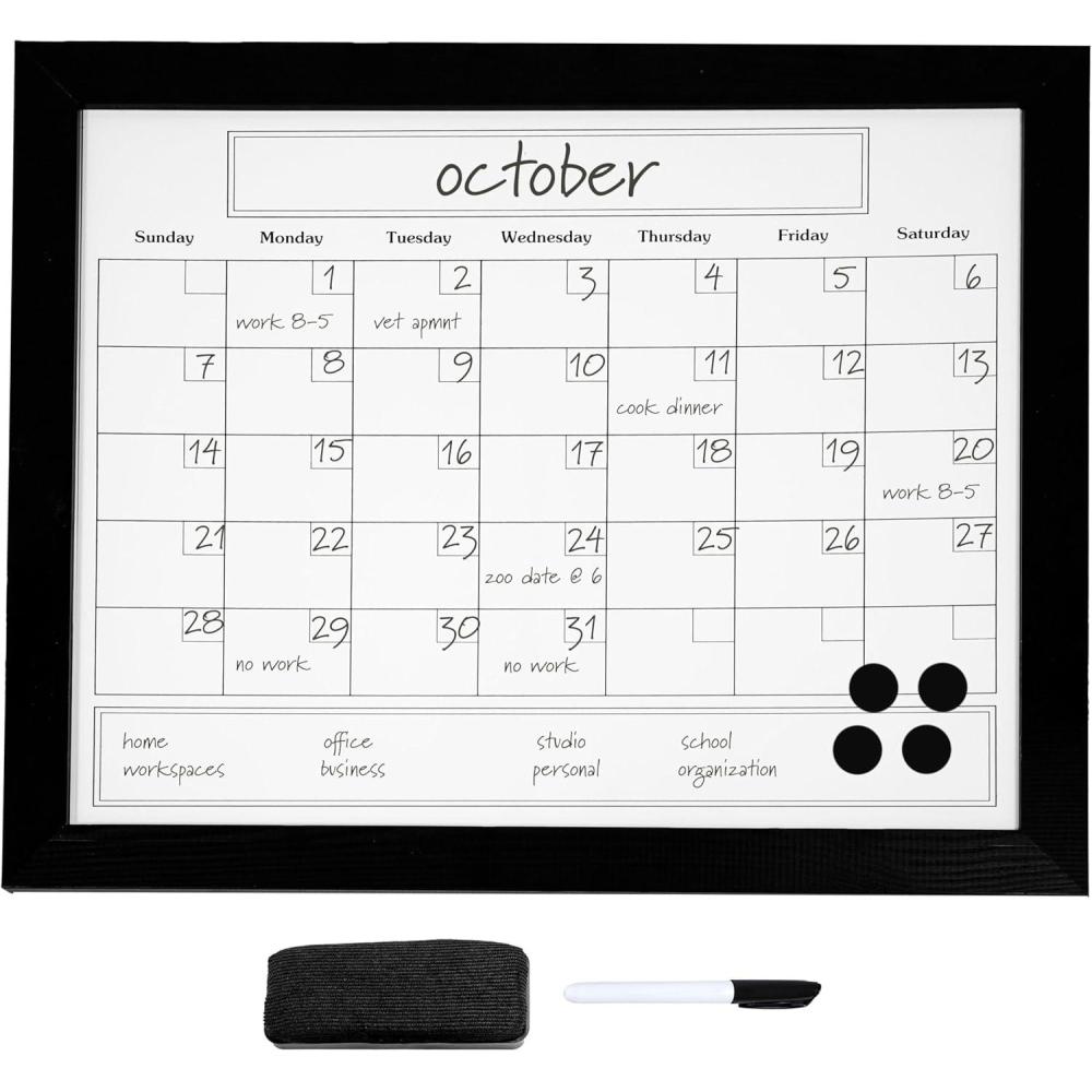imageSunnydaze Monthly Calendar Whiteboard for Wall Dry Erase Board Calendar with Pine Wood Frame