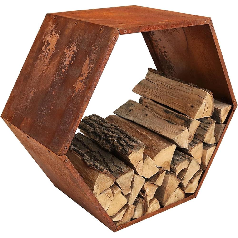 imageSunnydaze Outdoor Firewood Rack Rustic Fire Wood Holder Hexagon Log Holder Steel Log Rack for Firewood Storage Set of 31