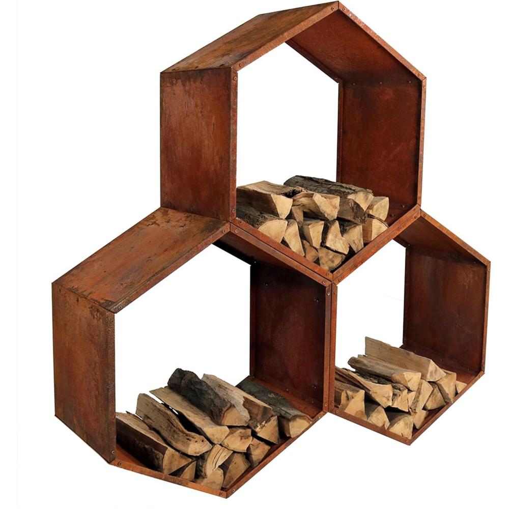 imageSunnydaze Outdoor Firewood Rack Rustic Fire Wood Holder Hexagon Log Holder Steel Log Rack for Firewood Storage Set of 33