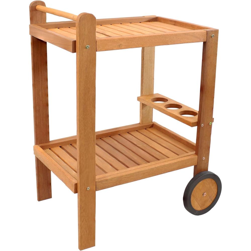 imageSunnydaze Outdoor Wood Bar Cart with Wheels Malaysian Hardwood with Teak Oil Finish 275quot Wide x 355quot High