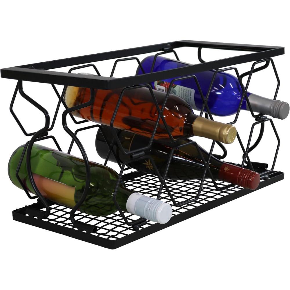 imageSunnydaze Small Countertop Wine Rack  Metal Folding Wine Stand for The Kitchen or Bar  Black  1725quot W