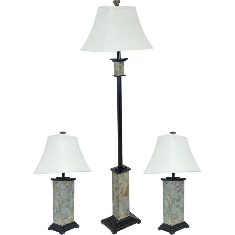 imageSunnydaze Timeless Abode Slate 3Piece Floor and Table Lamp Set Matching Indoor Stone Lamp Set of 3 Plugin Electric Bulb Included
