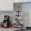 Sunnydaze 4-Tier Coffee Mug Tree with Basket – Round Iron Mug Holder Rack with 12 Hooks for Kitchen Countertop – Dark Brown – 23″ H