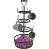 Sunnydaze 4-Tier Coffee Mug Tree with Basket – Round Iron Mug Holder Rack with 12 Hooks for Kitchen Countertop – Dark Brown – 23″ H