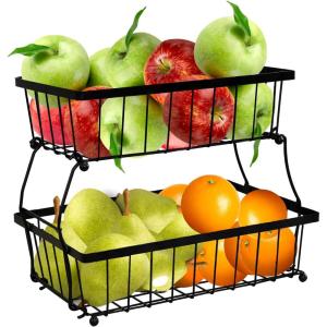 Sunnydaze 2-Tier Fruit Basket for Kitchen Counter – Metal Wire Rustic Storage Basket for the Countertop – Black – 15.25″ W
