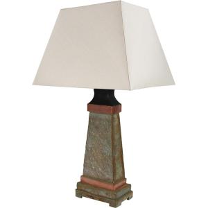 Sunnydaze 30″ Outdoor Table Lamp – Weather-Resistant Copper Trimmed Slate Light for Indoor or Outdoor Use – Cotton Lampshade