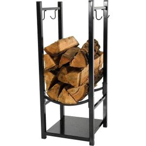 Sunnydaze 32″ Indoor Firewood Rack with Hooks for Tools – Outdoor Fireplace Log Holder for Wood Storage – 200-lb Capacity – Black(Black)