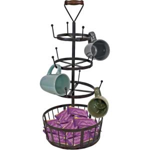 Sunnydaze 4-Tier Coffee Mug Tree with Basket – Round Iron Mug Holder Rack with 12 Hooks for Kitchen Countertop – Dark Brown – 23″ H
