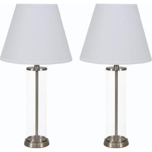 Sunnydaze Cylinder Glass Table Lamp Set of 2 with Shade – 27.75″ H – Indoor Modern Accent Lamps with Clear Base – Plug-in Electric