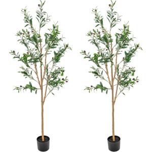Sunnydaze Fake Olive Tree – 6ft Tall Faux Olive Tree with Pot – Indoor Artificial Plant with Black Weighted Base and Silk Leaves(2)