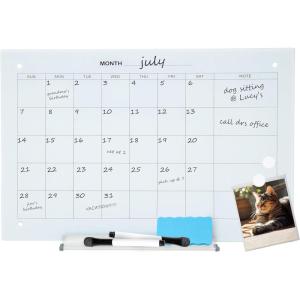 Sunnydaze Glass Calendar Dry Erase Board for Wall with Markers – Glass Magnetic Whiteboard for Home or Office – 23″ W x 17″ H – White(White)