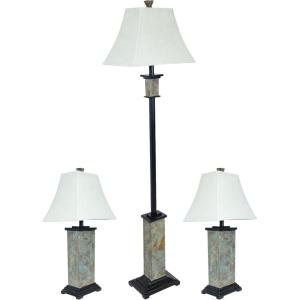 Sunnydaze Timeless Abode Slate 3-Piece Floor and Table Lamp Set – Matching Indoor Stone Lamp Set of 3 – Plug-in Electric – Bulb Included