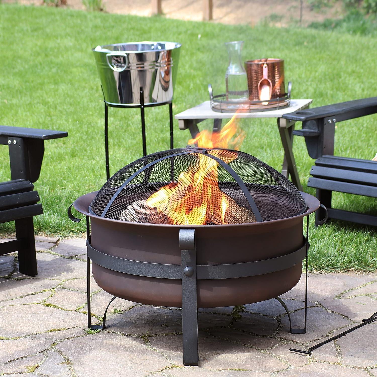 imageSunnydaze 29Inch WoodBurning Outdoor Fire Pit Bronze Cauldron Wood Fire Pit for Outside Includes Poker and Spark Screen