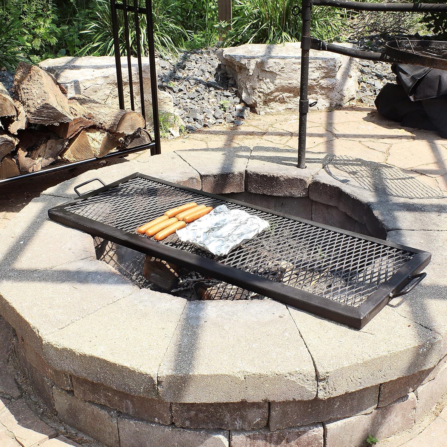 imageSunnydaze XMarks Fire Pit Cooking Grate Outdoor Rectangle Black Steel BBQ Campfire Grill with Handles 40Inch40 in