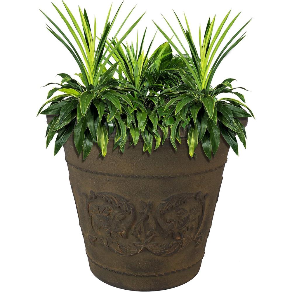 imageSunnydaze 195Inch Arabella Large Plant Pot  Polyresin Round Outdoor Planter with Drillable Drainage Holes  BeigeSable