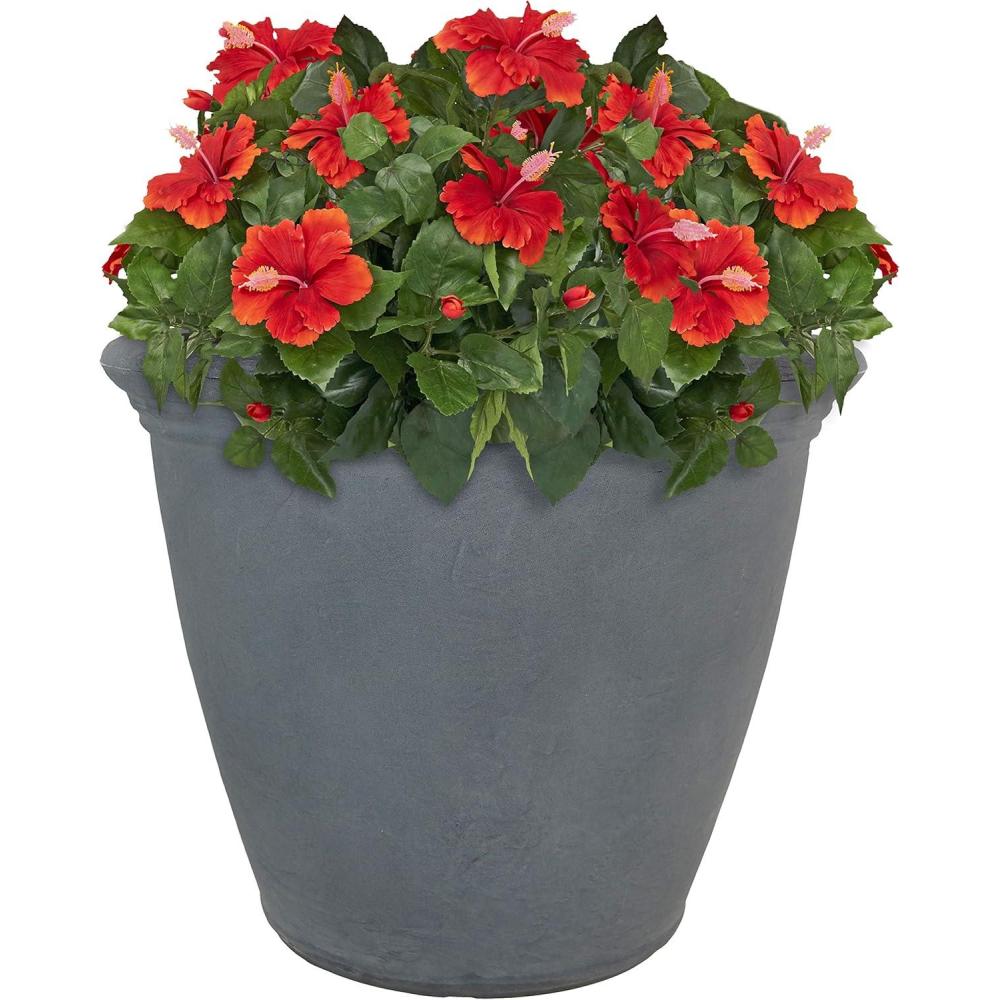 imageSunnydaze 24Inch Anjelica Large Plastic Pot for Plants DoubleWalled Outdoor Polyresin Round Planter Porch Pot with Drillable Drainage Holes Beige 2pkSlate