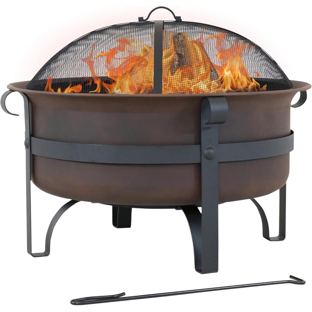 imageSunnydaze 29Inch WoodBurning Outdoor Fire Pit  Bronze Cauldron Wood Fire Pit for Outside  Includes Poker and Spark Screen