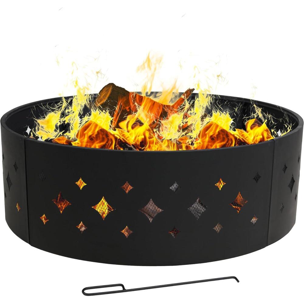 imageSunnydaze 36Inch Outdoor Fire Pit Ring with Poker Round HeavyDuty Steel Fire Ring for Camping or Backyard Crossweave 12quot HDiamond
