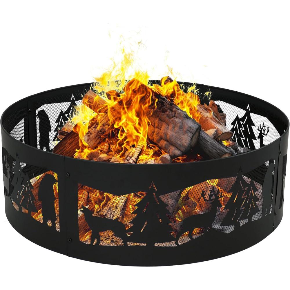 imageSunnydaze 36Inch Outdoor Fire Ring Portable Metal Fire Pit Ring for Camping or Backyard 360Degree Wildlife Cutouts Forest WildernessForest Wilderness