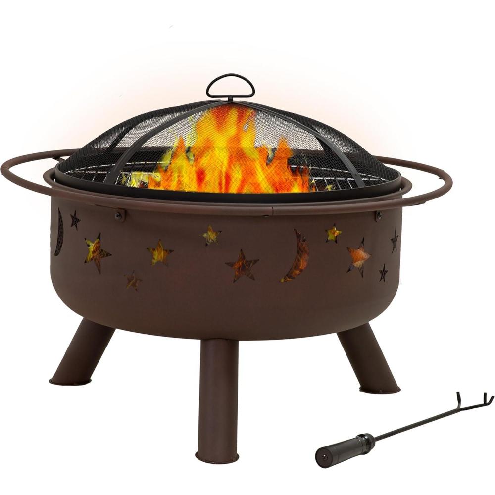 imageSunnydaze Cosmic 30Inch Patio Fire Pit for Outside  Outdoor WoodBurning Fire Pit with Grill Grate Spark Screen and Fireplace Poker