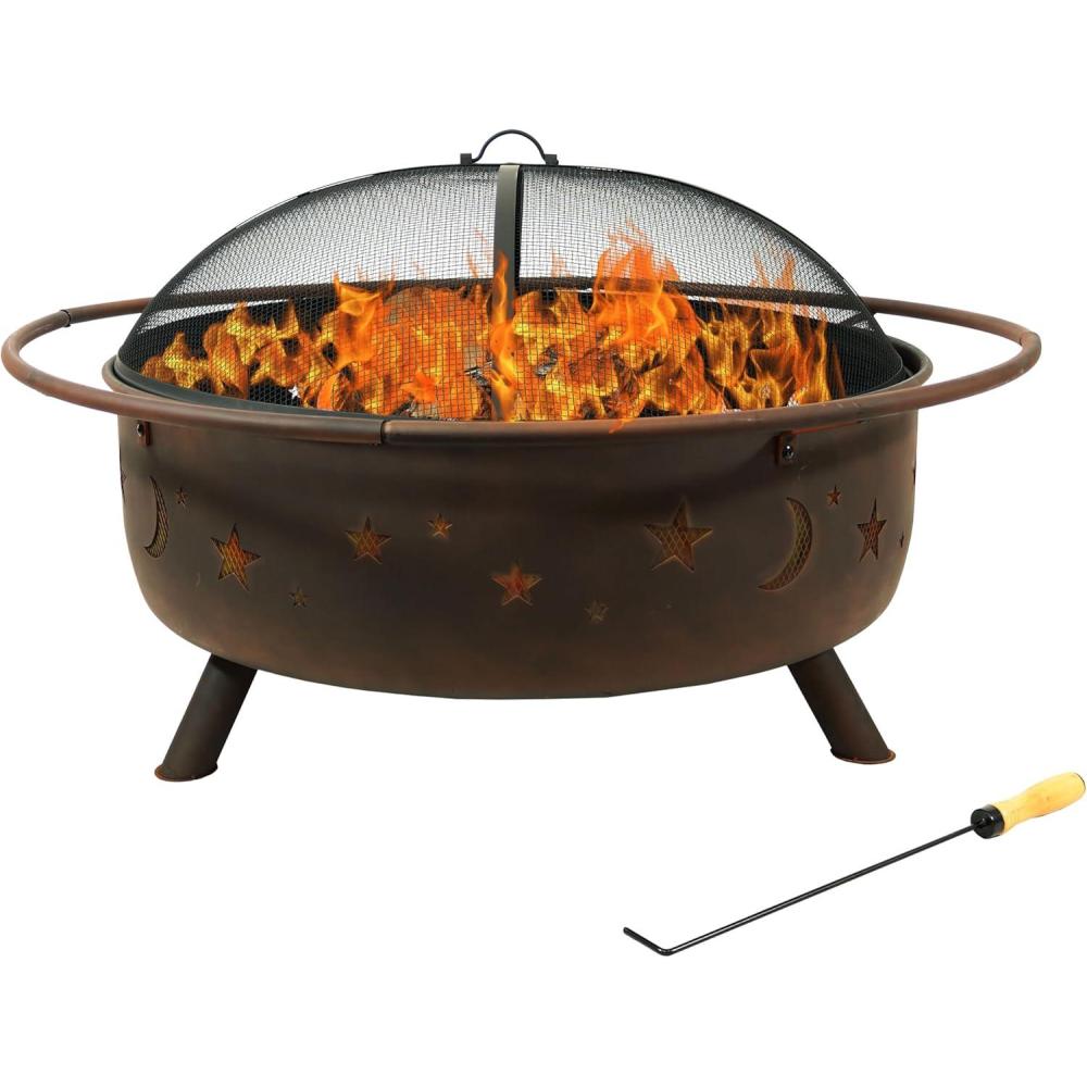imageSunnydaze Cosmic 42Inch Large Outdoor Fire Pit WoodBurning Fire Pit with Round Spark Screen Poker and Builtin Grate
