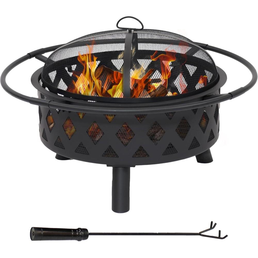 imageSunnydaze Crossweave Outdoor Fire Pit  WoodBurning Fire Pit for Outside with Spark Screen Poker and Round Cover  36Inch  BronzeBlack