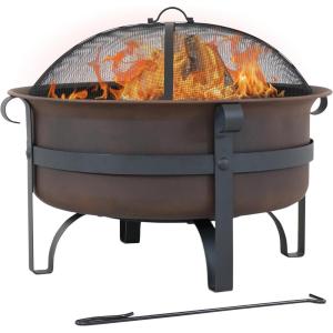 Sunnydaze 29-Inch Wood-Burning Outdoor Fire Pit – Bronze Cauldron Wood Fire Pit for Outside – Includes Poker and Spark Screen