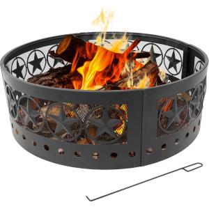 Sunnydaze 36-Inch Outdoor Fire Pit Ring with Poker – Round Heavy-Duty Steel Fire Ring for Camping or Backyard – Crossweave – 12″ H(4-Star)