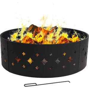 Sunnydaze 36-Inch Outdoor Fire Pit Ring with Poker – Round Heavy-Duty Steel Fire Ring for Camping or Backyard – Crossweave – 12″ H(Diamond)