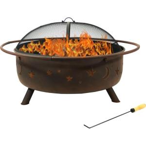 Sunnydaze Cosmic 42-Inch Large Outdoor Fire Pit – Wood-Burning Fire Pit with Round Spark Screen, Poker, and Built-in Grate