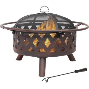 Sunnydaze Crossweave Outdoor Fire Pit – Wood-Burning Fire Pit for Outside with Spark Screen, Poker and Round Cover – 36-Inch – Bronze(Bronze)