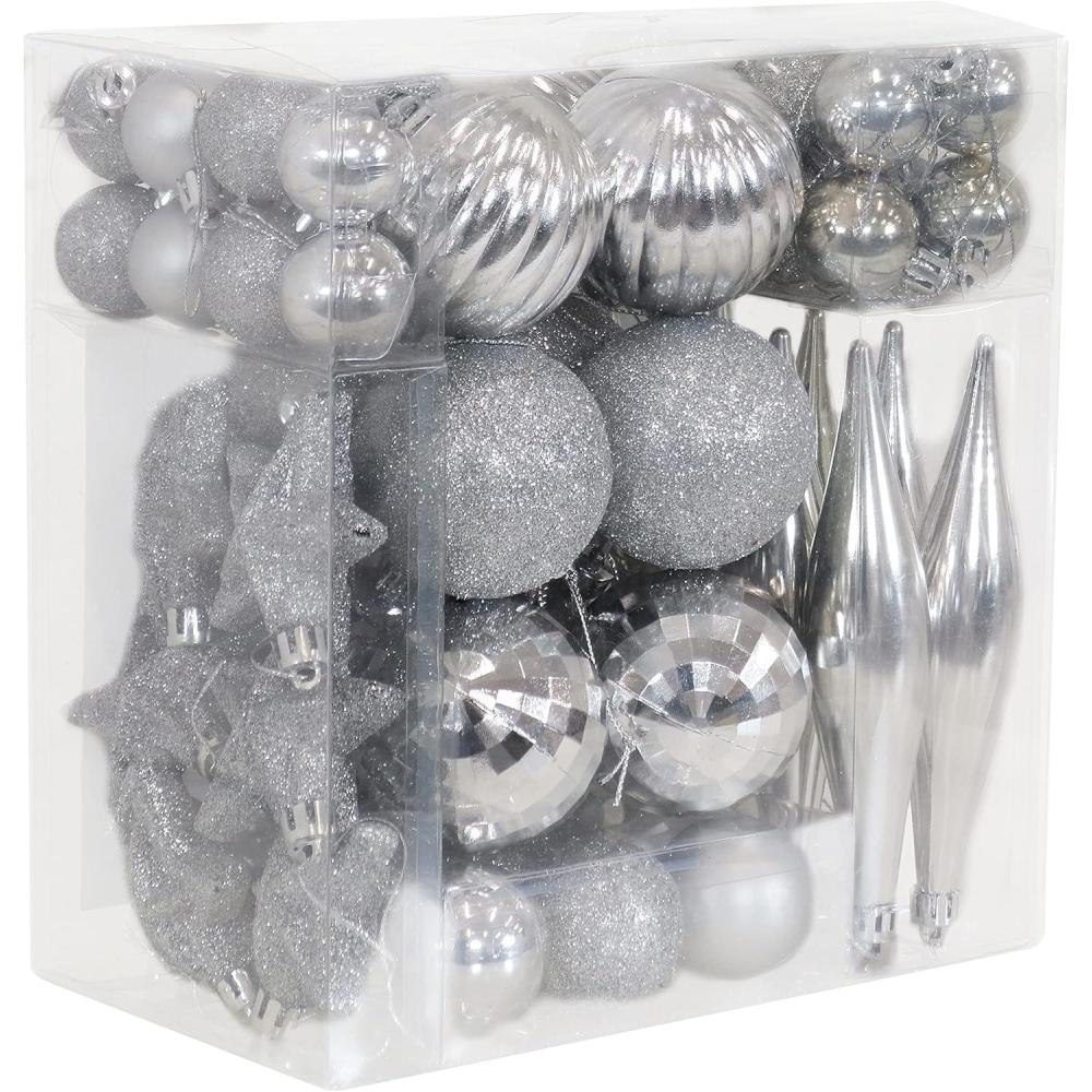 imageSunnydaze Deck The Halls 59Count Shatterproof Christmas Ball Ornament Kit with Hooks Tree Decorations Set for Holiday Decor and Gatherings SilverSilver