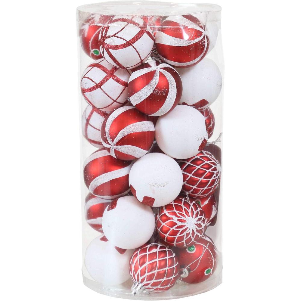 imageSunnydaze Holiday Glitter 30Count 60mm Shatterproof Christmas Ball Ornaments with Hooks Included RedGoldRedWhite