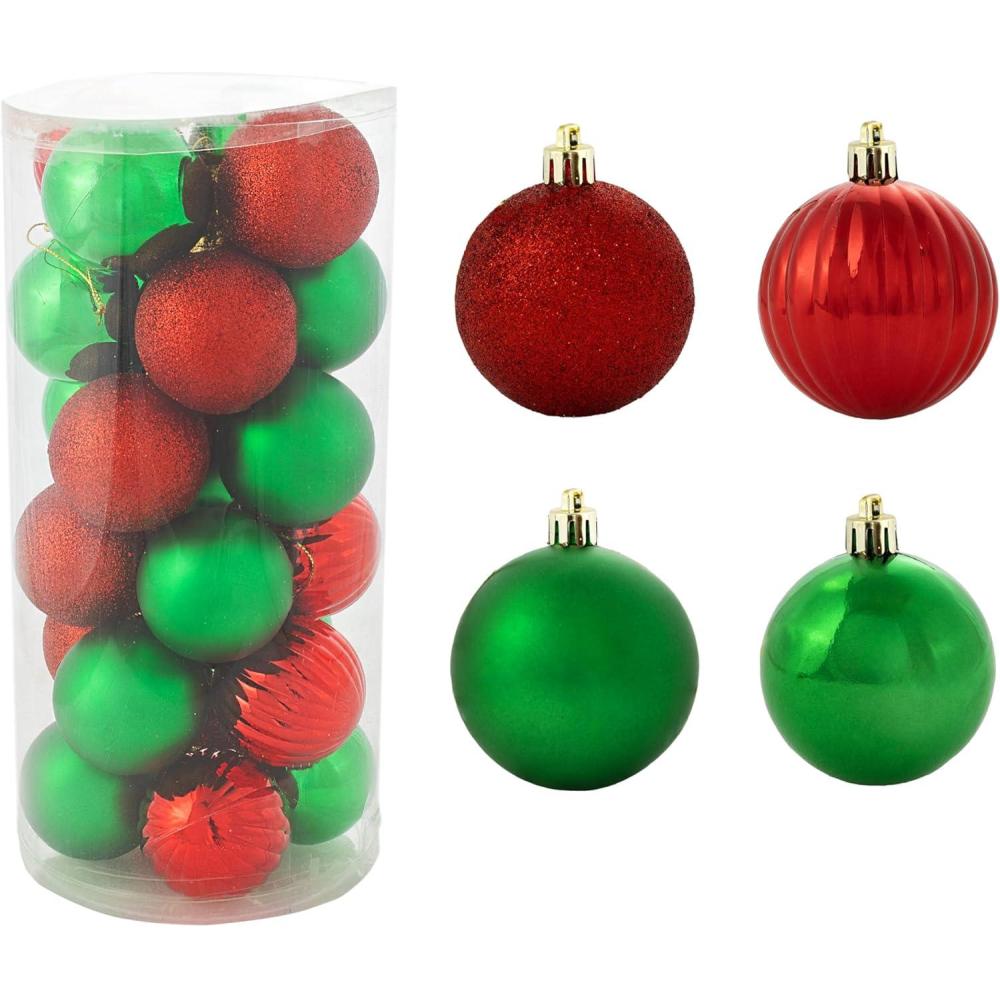 imageSunnydaze Merry Medley 24ct Christmas Ornament Balls Shatterproof Christmas Decorations for Tree RedGreenRedGreen